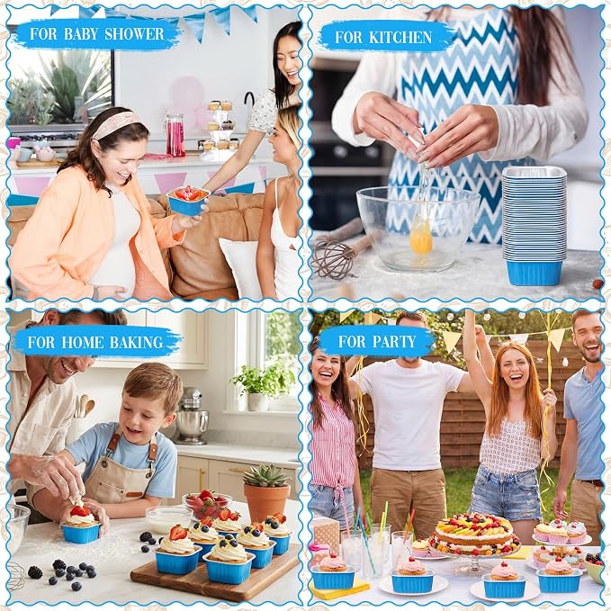 200 Pack 5 oz Mini Cake Pans with Lid, Aluminum Foil Mini Baking Tins, Square Disposable Cupcake Baking Cup Dessert Container for Wedding Birthday Party Picnic(Blue,Classic)