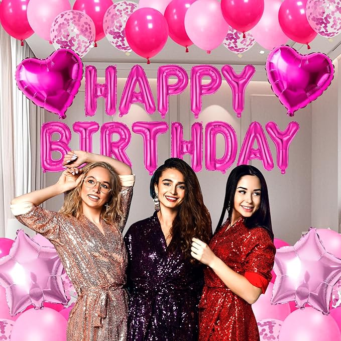 Hot Pink Happy Birthday Balloons Decorations Light Pink Birthday Balloon Letters Banner with Star Heart Balloons 1000 Pcs Artificial Rose Petals 24 Flameless LED Candles for Birthday Party Supplies