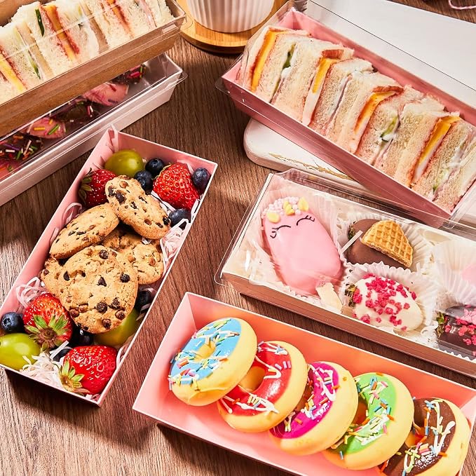 ZORRITA Paper Charcuterie Boxes with Clear Lids, 50 Pack, Brown | 7.5x3.3 Inch, Small, To Go Food Containers, For Desserts, Treats, Cookies, Sandwich, Pastry, Strawberries and Cupcakes