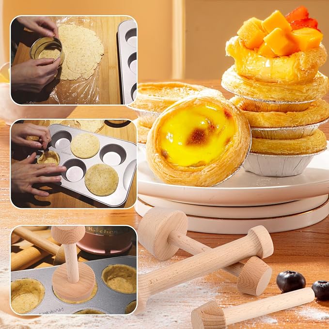3 Pcs Wooden Tart Tamper Set,Double Sided Pie Pastry Dough Tamper,Natural Beech Wood Pastry Dough Press,Baking Tools for Egg Tarts