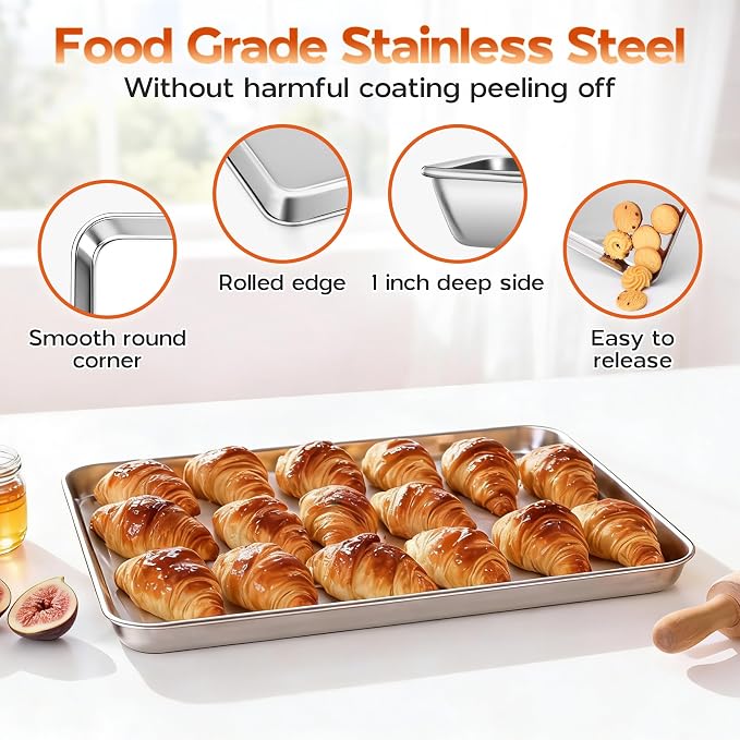 Onader Large Baking Sheet Set of 6, 18 x 13 Inch Stainless Steel Half Sheet Baking Pans for Oven, Commercial Metal Cookie Pan Tray for Roasting Cooking, Mirror Finish & Dishwasher Safe