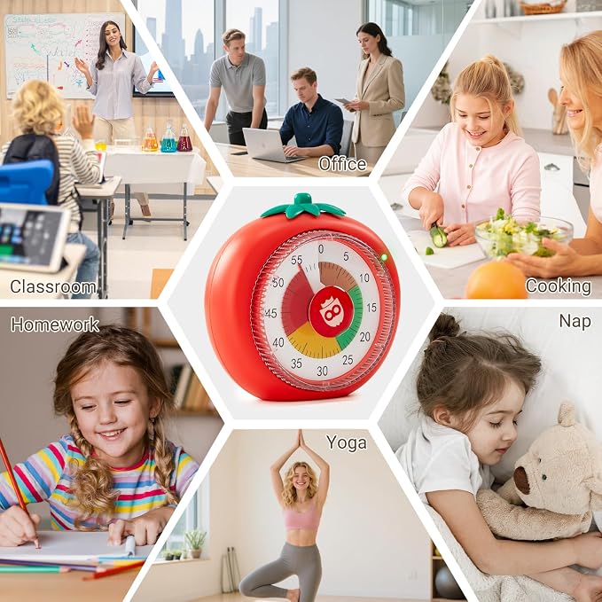 Magnetic Visual Timer, 60-Minute Countdown for Kitchen Classroom Homework | 4-Color Zone Dial with Cute Design, Kids Timer with Pomodoro Mode Time Management Tool for ADHD, Cooking & Baking