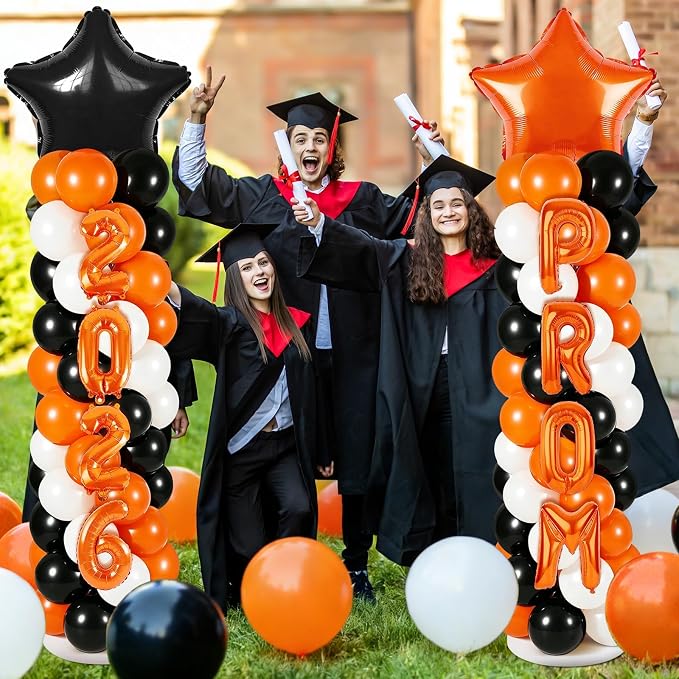 2 Sets Graduation Balloon Column Stand Kits with 132 PCS Orange Black White Latex Balloons 2026 Letters 6.5 Ft Adjustable Metal Tube Telescopic Tower Pillar with Base for Graduation Party Decoration