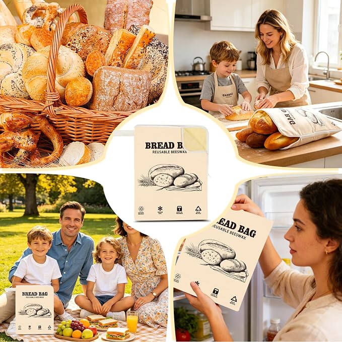 2 Pack Wide Zipper Access Beeswax Bread Bags for Sourdough Bread, Reusable Organic Linen Beeswax Bread Bag for Homemade Sourdough for Homemade Bag to Keep Fresh Longer (Beige-1)"