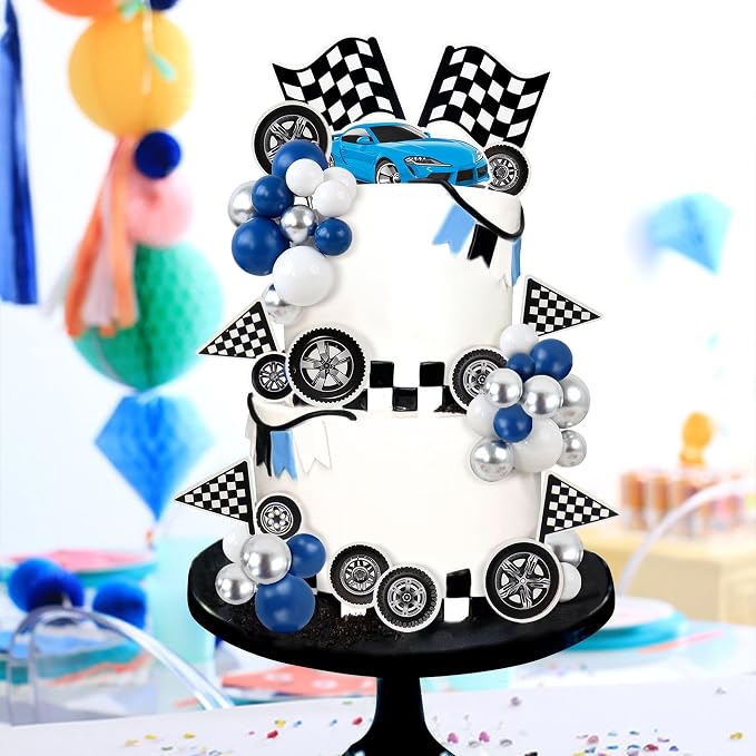 Ercadio 42Pcs Blue Racing Car Birthday Cake Toppers Wheel Checkered Flag Cupcake Toppers Silver Blue Balls Cake Decorations for Kids Racing Birthday Cake Decoration Race Car Party Supplies