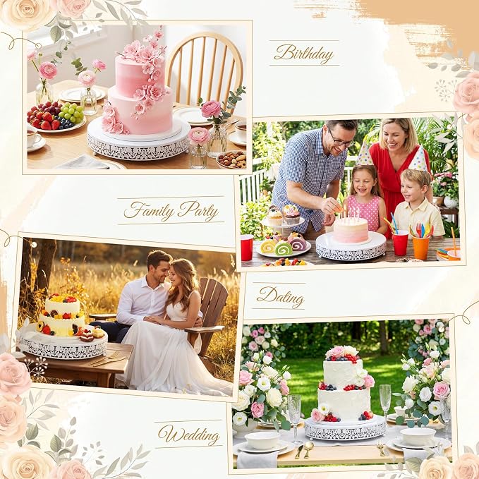 Wenqik 14 Inch White Cake Stand Set Metal Round Cupcake Dessert Stand with Cake Cutting, Flower Spatula Wedding Cupcake Pastry Display Candy Holder Display for Wedding Party Birthday Baby Shower
