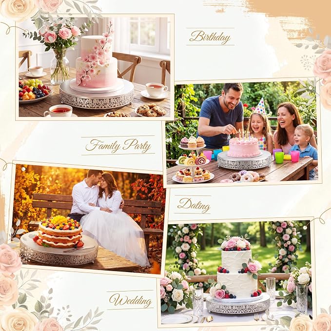 Wenqik 16 Inch Silver Cake Stand Set Metal Round Cupcake Dessert Stand with Cake Cutting, Flower Spatula Wedding Cupcake Pastry Display Candy Holder Display for Wedding Party Birthday Baby Shower