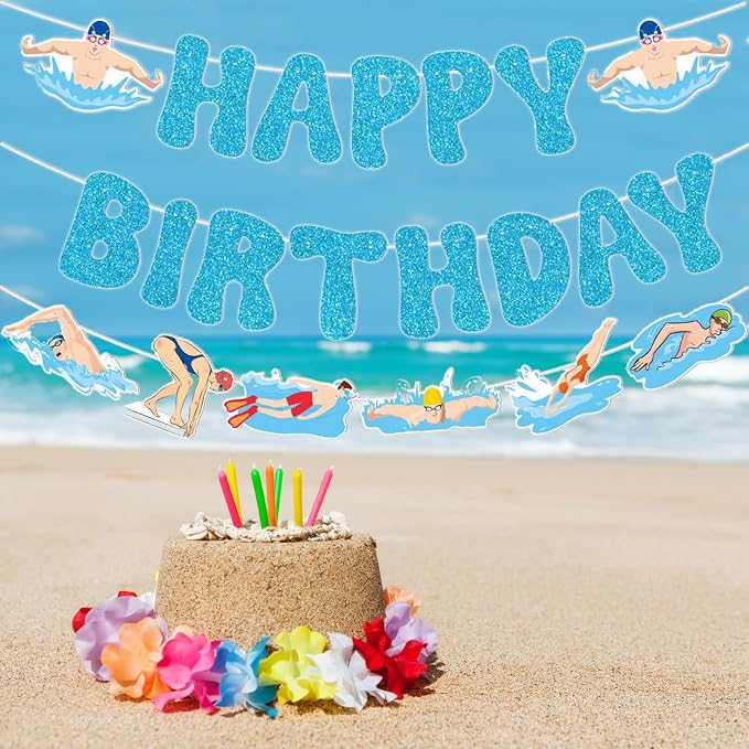 Zwiebeco Blue Swimming Happy Birthday Party Decoration Banner Bunting Garland Hanging Paper for Boys Girls Men Women Kids Adults Summer Pool Swim Sports Themed Birthday Decor Accessories Supplies