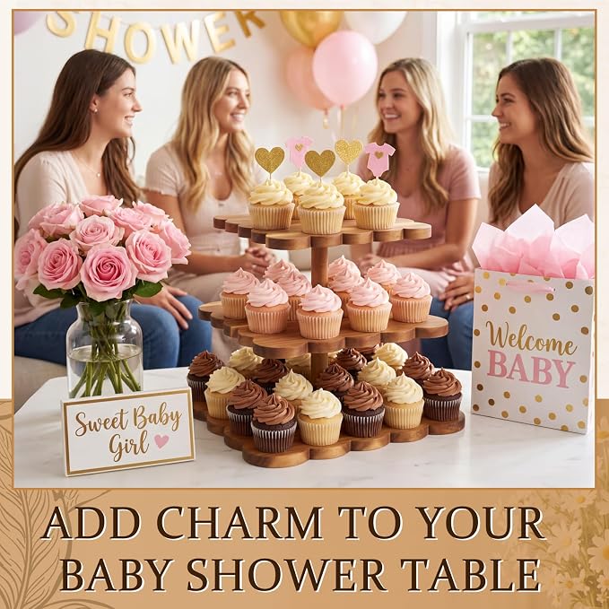 Novabright 3 tier Square Acacia Wood Cupcake Stand Rustic Square Dessert Display, Sturdy Wooden Cake Stand for Weddings, Parties Kitchen, Baby Shower, Birthday
