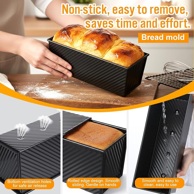 Pullman Loaf Pan with Lid 13x4 Inch, 2.2lb Carbon Steel Bread Pan, 2.2 lb Dough Capacity Bread Loaf Pans Heavy Duty, for Homemade Sourdough & Sandwich Breads, Nonstick & Easy Clean, Black