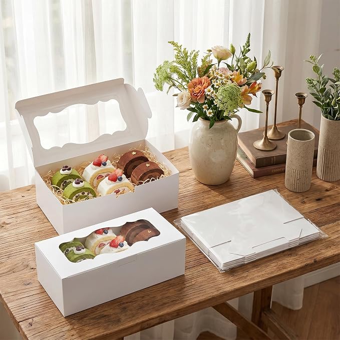 30Pcs White Cookie Boxes with Clear Window, Sturdy Loaf Cake Boxes for Roll Cakes, Desserts, Muffins, Donuts, Candies, Pastries & Baked Goods Display and Gifting,9x4x3.5 Inch
