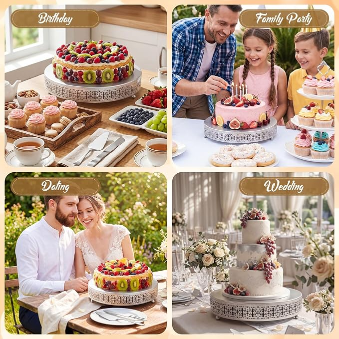 Wenqik Silver Cake Stand 18 Inch Metal Round Cupcake Dessert Wedding Cake Stand with Cutting & Spatula Cookies Display Holder Fruit Serving Tray for Table Wedding Birthday Anniversary Party