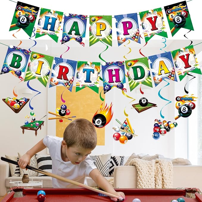 Zwiebeco Multicolored Billiards Happy Birthday Banner Bunting Hanging Paper Swirls Garland Party Decorations for Boys Girls Womens Mens Adults Billiards Sports Themed Bday Decor Accessories Supplies