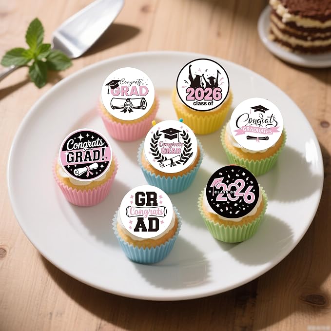 63 PCS Edible 2026 Graduation Cupcake Toppers Diploma Congrats 2026 Grad Cap Class of 2026 Cupcake Picks for Congratulations 2026 Graduations Theme Party Cake Decorations Supplies Pink