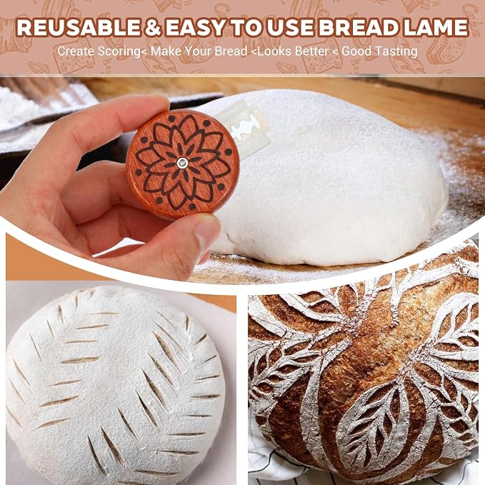 Gjinxi Bread Lame Sourdough Scoring Tool, Wooden Dough Scoring Knife with 5 Razor Blades, Ergonomic UFO Bread Lame Knives Sourdough Razor Scorer Breads Bakers Slashing Baking Tool