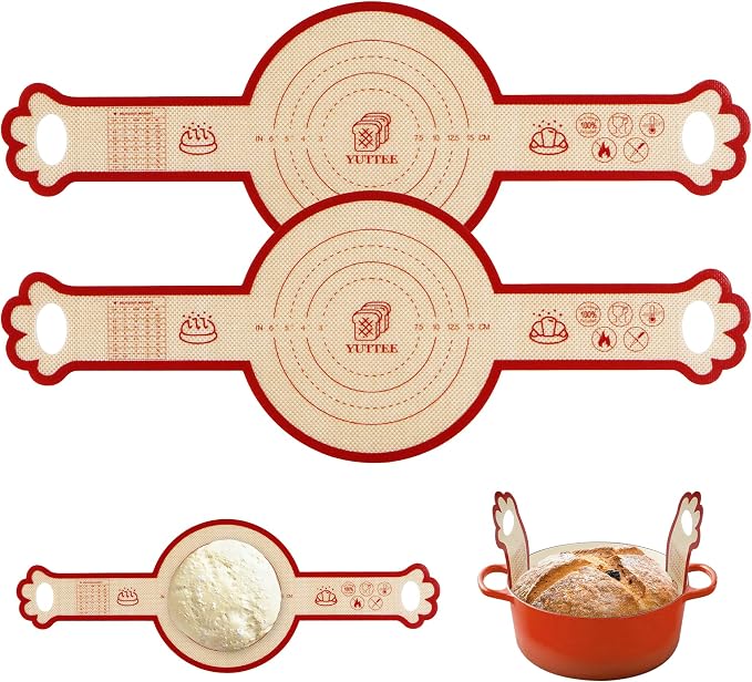 2PCS Silicone Bread Sling for Dutch Oven, 6 Inch Non-Stick Round Sourdough Baking Slings, Reusable Baking Cooking Transfer Mats with Long Cat-Shape Handle, Easy To Transfer Bread More Easily