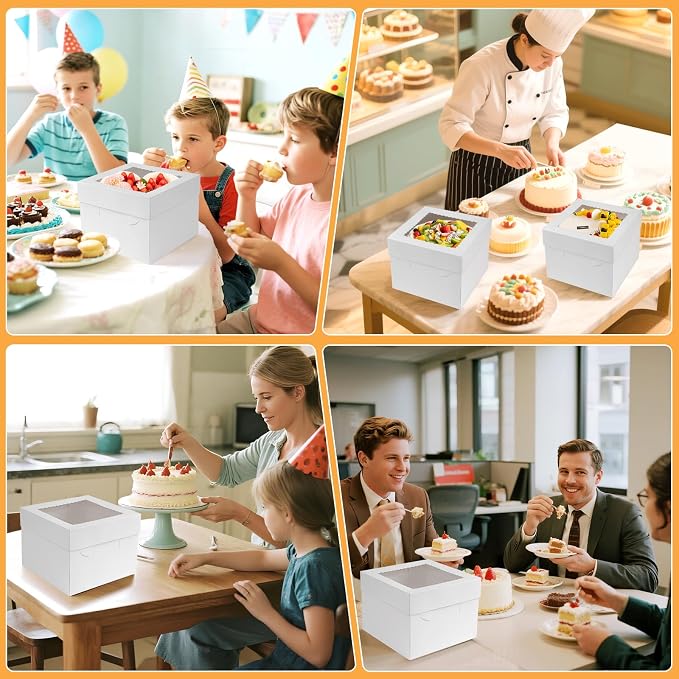 15Pcs 10x10x8 Inch Tall Cake Boxes with Clear Window & Cake Boards - Sturdy White Bakery Boxes with Scalloped Edge for Layer, Wedding, Birthday Cakes - Secure Transport for Professional & Home Bakers