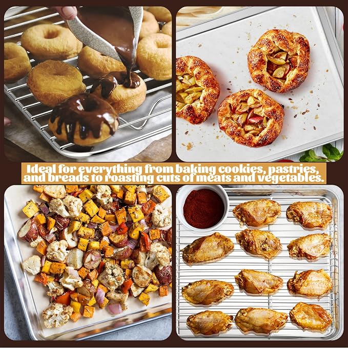 Baking Sheet with Rack Set, E-far 16”x12” Stainless Steel Cookie Sheet Pan for Oven, Rimmed Metal Tray with Wire Cooling Rack for Cooking Roasting Resting Bacon Meat Steak - Dishwasher Safe