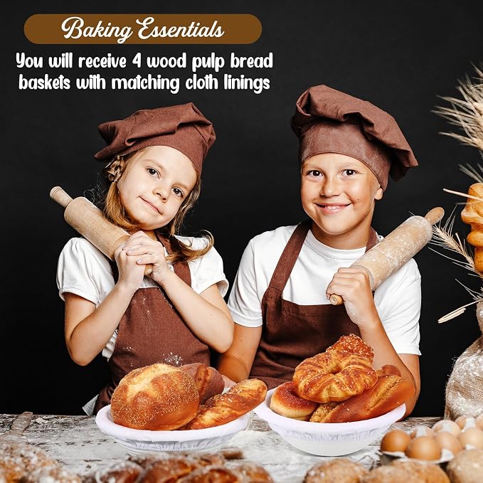 Baderke 4 Pack Banneton Bread Proofing Basket Set 10 Inch Wood Pulp Sourdough Proofing Basket Non Stick Sourdough Banneton Bowl and Liners for Bread Baking Supplies(White,Round)