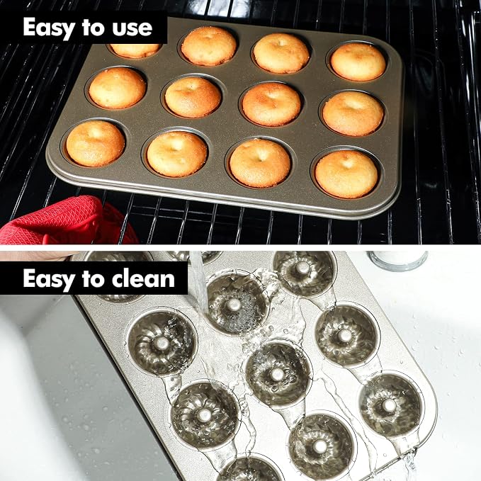 Webake 2 Pack Mini Fluted Tube Cake Pans, 12-Cup Non-stick Bite Size, 1.8 Inches Petite Fluted Cake Mold Heavy Gauge Carbon Steel