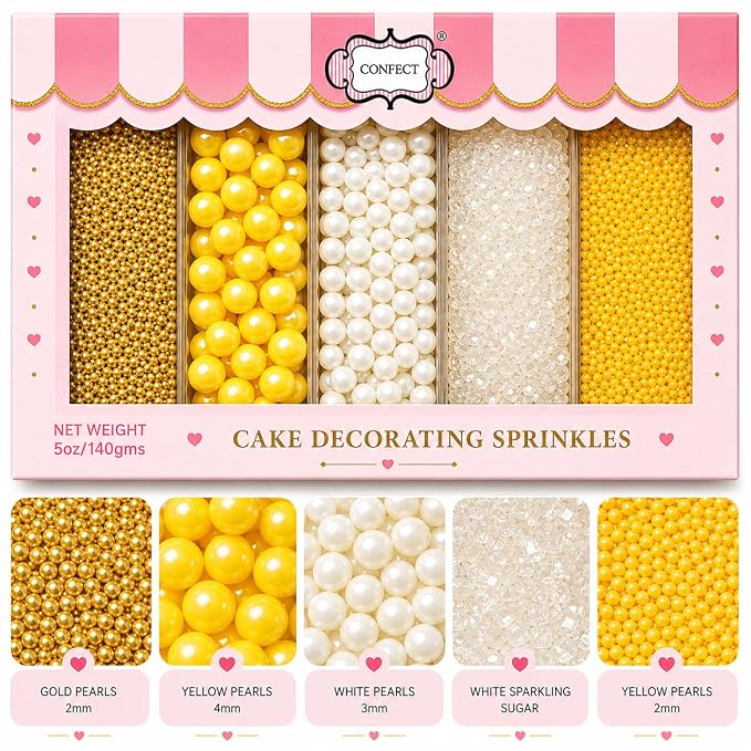 Confect Cake Decorating Sprinkles | Edible Pearl Mix Gold Yellow & White Dragees | White Sparkling Sugar | Edible Pina-Colada Disco Ball Mashup Sprinkles | Dairy-Free, Palm Oil-Free - 5 Oz