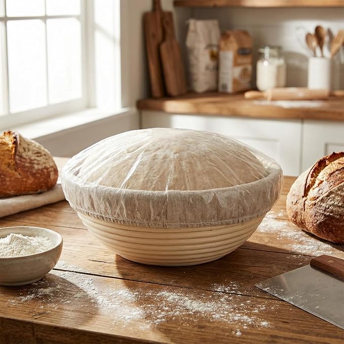 LemonRoad 2 Pcs 9 Inch Bread Proofing Baskets with Shower Caps Set Banneton Basket Sourdough Proofing Basket with Cloth Liners &1000 Pcs Shower Caps for Sourdough Bread Making Baking Ferment(Round)