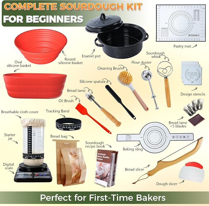 Sourdough Starter Kit for Beginners, 34 oz Starter Jar with Scale Marking, 2 Silicone Proofing Baskets, Complete Bread Baking Kit with Guide & Recipes, Easy to Use & Clean - Red