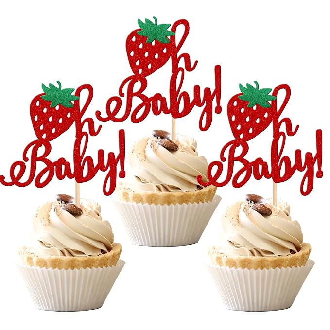24 PCS Strawberry Oh Baby Cupcake Toppers Glitter Fruit Theme Oh Baby Strawberry Cupcake Picks for Gender Reveal Baby Shower Kids Boys Girls Birthday Party Cake Decorations Supplies Red
