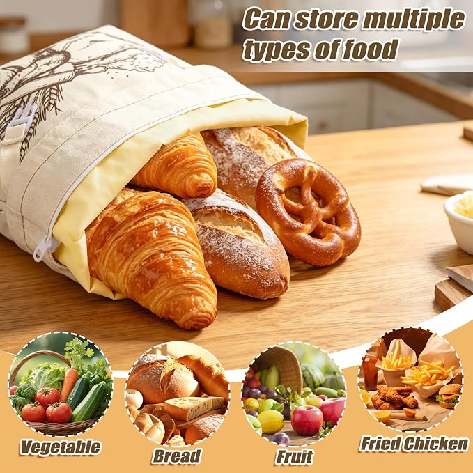 Augshy 2-Pack Beeswax Bread Bags for Homemade Bread 17 inches x 13 inches Reusable Sourdough Bread Bags with Zipper Handle Beeswax Lined Linen Bread Storage for Freshness Artisanal Loaves Baguettes