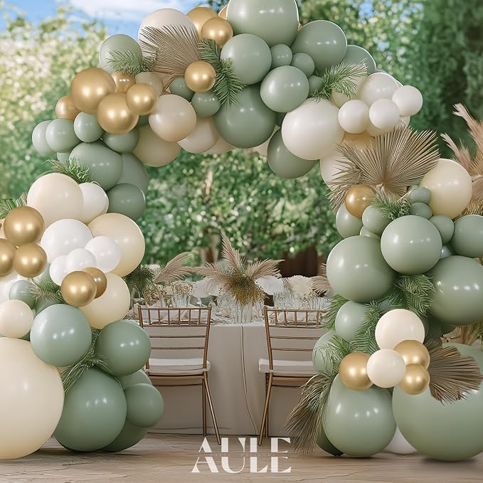 AULE Sage Green Balloon Arch Kit 155Pcs Olive Dusty Green Sand White Gold Balloons Garland for Wedding Birthday Graduation Anniversary Gender Reveal Baby Shower Theme Party Decoration