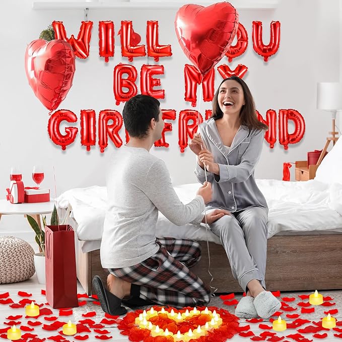 HyDren 18" Will You Be My Girlfriend Balloons Letters Kit Include Heart Shaped Balloons and LED Tealight Candles with Rose Petals Romantic Girlfriend Proposal Kit Valentines Day Decorations(Red)