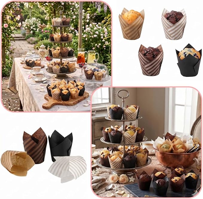 200 Pcs Stripe Tulip Cupcake Liners for Baking, Assorted Colors | Standard Greaseproof Tulip Muffin Liners for Baking, 3oz Paper Cupcake Wrappers for Party Wedding Birthday