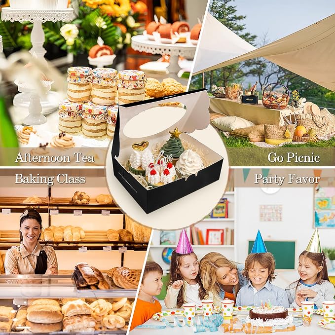 KPOSIYA 65 PCS 8x6x2.5 Inch Cookie Boxes with Window Black Bakery Boxes Pastry Boxes for Gift Giving, Treat, Dessert, Cupcakes, Chocolate, Strawberries, Donuts, Muffins (5 Style Windows)