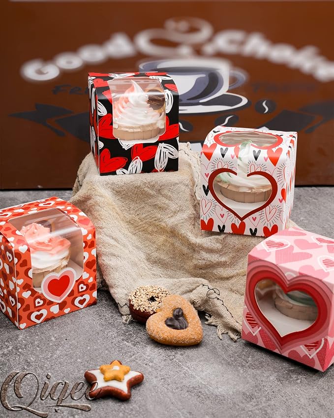 qiqee Valentine Cupcake Boxes Individual 60pcs Auto-Popup 3.5" x 3.5" x 3.5" Single Cupcake Carrier Container for Vanlentine & Party