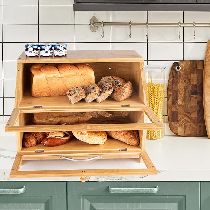 MAISONPEX Double Layer Bamboo Bread Box for Kitchen Countertop, Cutting Board, and Stainless Steel Bread Knife, Large Capacity Storage Container with Clear Windows (Self-Assembly)