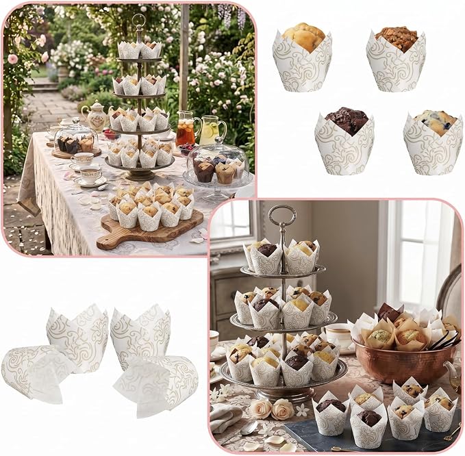 200 Pcs White Tulip Cupcake Liners for Baking, White Wavy Line | Standard Greaseproof Tulip Muffin Liners for Baking, 3oz White Paper Cupcake Wrappers for Party Wedding Birthday