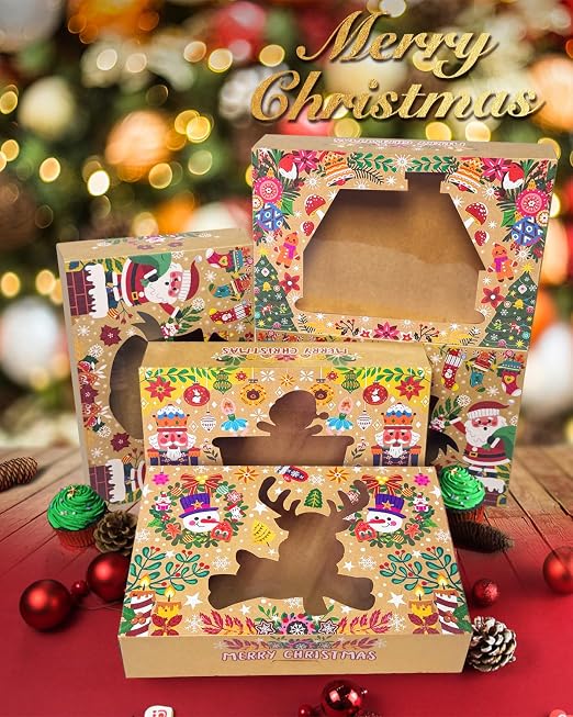 qiqee Christmas Bell version Cookie Boxes with Window 12packs 12x8x2.5 Inch Bakery Box Pastry Box for Christmas