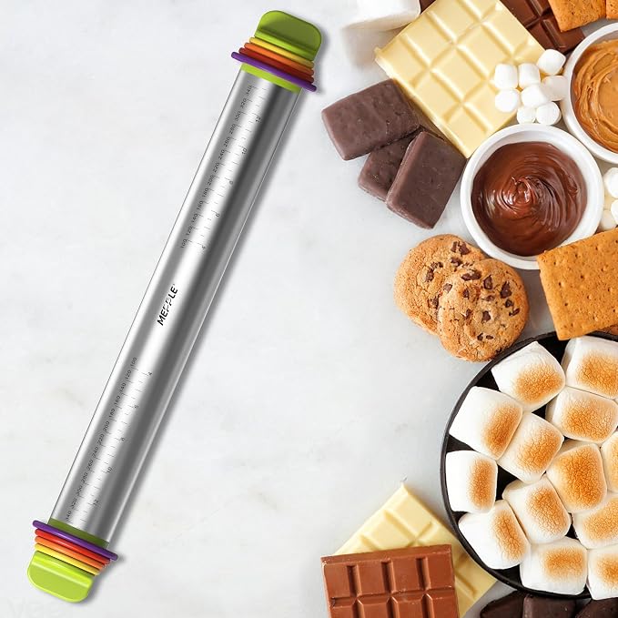 Stainless Steel Rolling Pin with Thickness Rings and Pastry Baking Mat, 13.6" Adjustable Rolling Pin Dough Roller for Baking Cookie Pizza, Comes with Large Silicone Pastry Mat and Wooden Stand