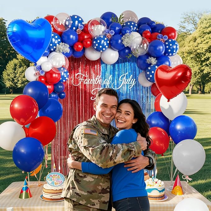 157Pcs Red White and Blue Balloons Garland Arch Kit with Fringe Curtain for 4th of July Memorial Veterans Day Patriotic Graduation Birthday Wedding Nautical Baseball Theme Party Decorations