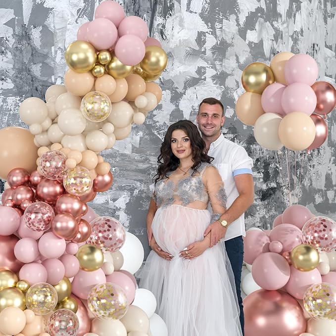 136pcs Rose Gold Balloon Garland Arch Kit, 18 12 10 5 inch Blush Pink and Rose Gold confetti Balloons for Wedding, Bridal Baby Shower, Princess Birthday Party Decorations