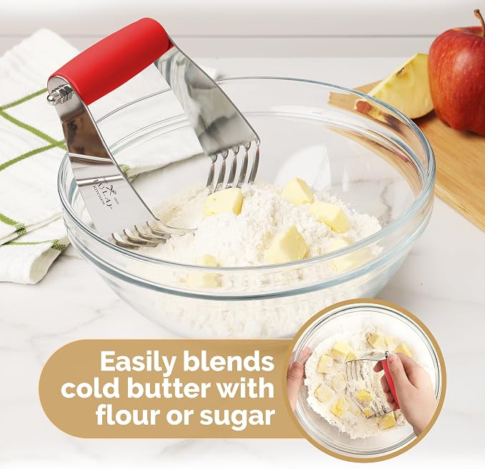 Zulay Kitchen Professional Dough Blender - Heavy Duty Stainless Steel Pastry Cutter with Blades for Baking - Premium Butter Cutter & Dough Mixer, Red