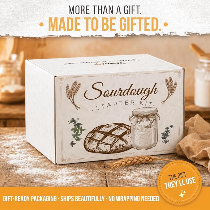 TheWarmUp Sourdough Starter Kit for Beginners with Baking Course & Video Guides, Large 40 oz Glass Jar, 10" Oval and 9" Round Bannetons, Danish Whisk, Lame, Dough & Bowl Scraper, 16 Stencils