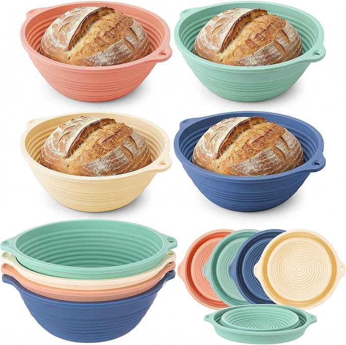 4-Pack Silicone Banneton Bread Proofing Baskets, 9.3-Inch Round Foldable Dough Bowls with Reinforced Rim, Oven & Dishwasher Safe, BPA-Free (Green, Blue, Pink, Beige)