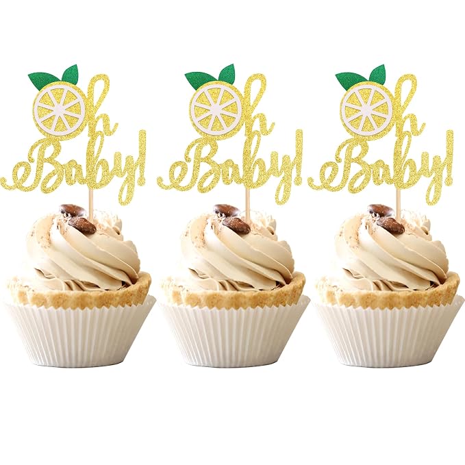 24 PCS Lemon Oh Baby Cupcake Toppers Glitter Fruit Theme Oh Baby Lemonade Party Cupcake Picks for Lemon Theme Baby Shower Kids Boys Girls Birthday Party Cake Decorations Supplies Gold