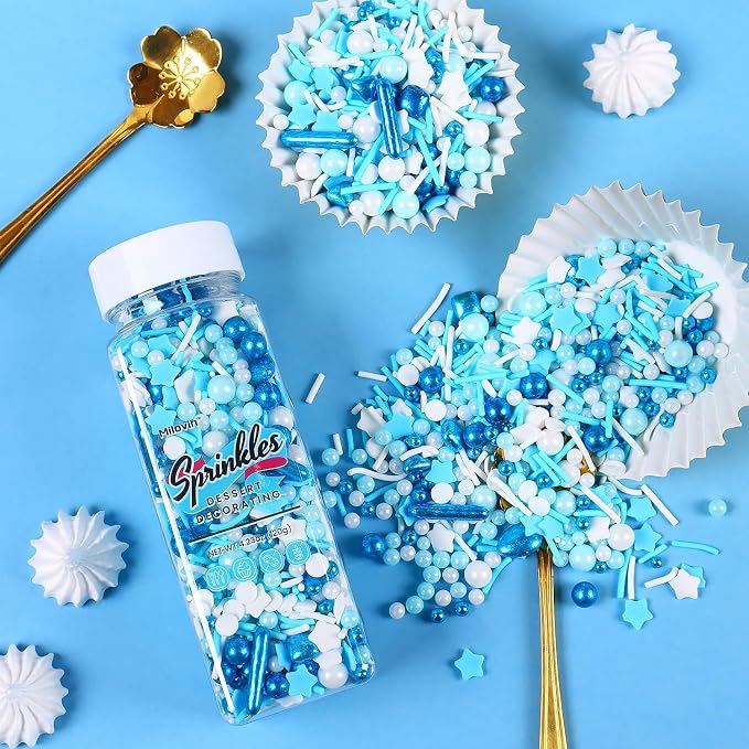 Blue Sprinkles for Cake Decorating, Galaxy Blue Sprinkles Mix, Metallic Sprinkle Mix for Cupcakes, Macaron, Ice Cream, and Cookies(120g/4.23oz)