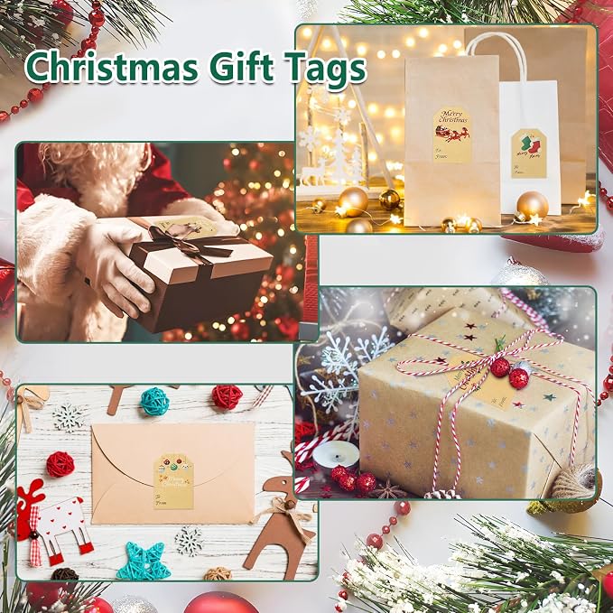 Yoget 250 PCS Chirstmas Gift Tags, Xmas Kraft Gift Tags Stickers Name Labels, Christmas Decorations (50x70mm, 6 Designs)