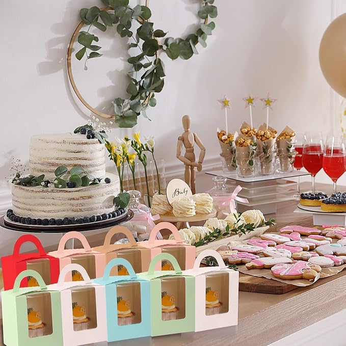 Ctosree 60 Pcs Individual Cupcake Boxes Single Colourful Cupcakes Containers with Insert Window and Handle Kraft Cupcake Holders Portable Cupcake Carriers for Bakery Wedding Party Favor (6 Colors)