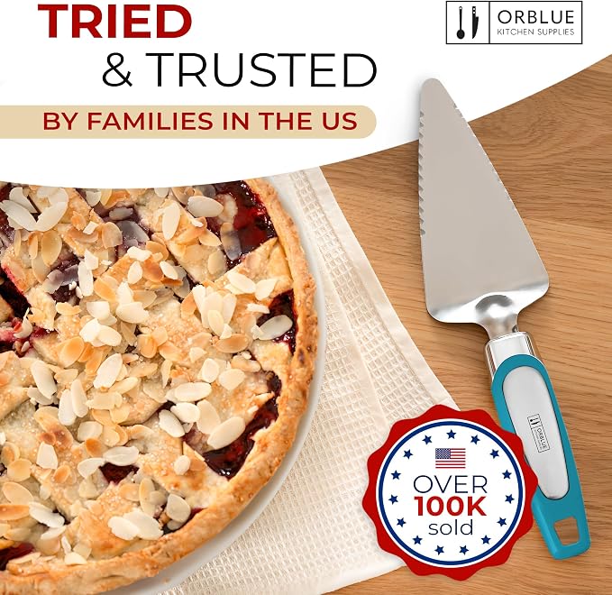 Orblue Pie Server, Essential Kitchen Tool, Serrated on Both Sides, Great for Right or Left Handed Chef, Stainless Steel Flatware, Cake Cutter, Blue