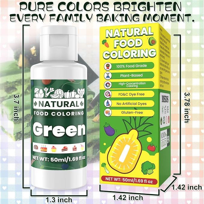 Green Natural Food Coloring - 50ml Plant Based Food Dye, No FD&C & Artificial Dyes, Gluten-Free, Food-Grade, Vibrant Liquid Colors for Icing, Baking, Cake Decorating, Frosting, Fondant, Slime - 1.69 Fl.Oz Bottles