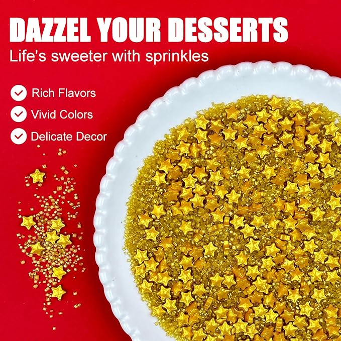 Gold Sprinkles for Cake Decorating, Star Sanding Sprinkles Mix for Cookie Baking Ice Cream Brownie Cupcake Toppings